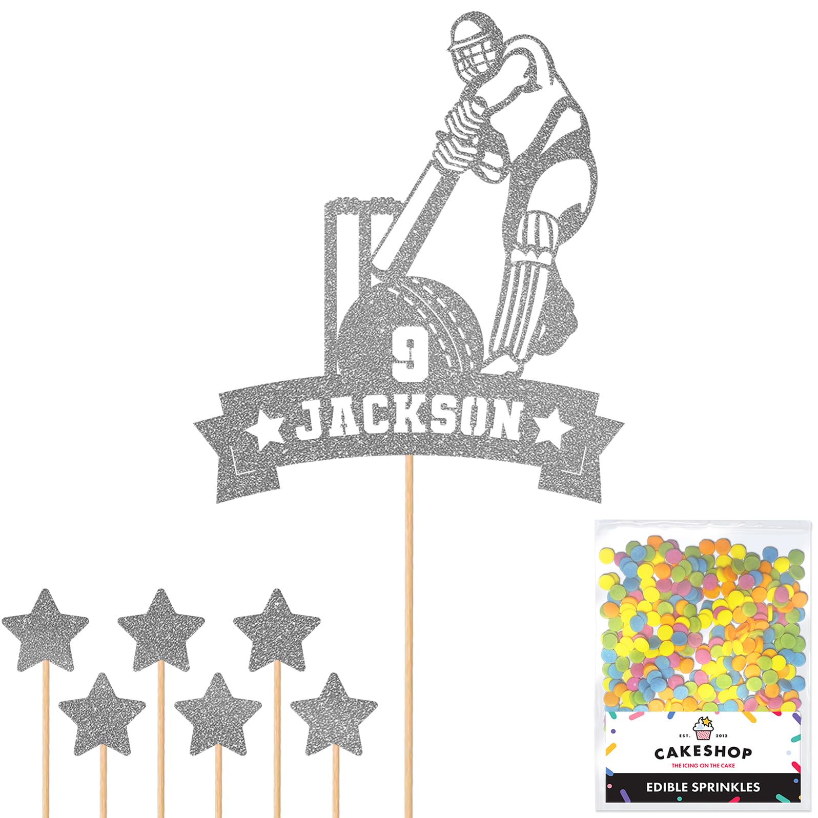 Personalised Cricket Wicket and Bat Glitter Cake Topper Dk Silver Any Custom Age & Name Glitter Cake Decoration and Sprinkles - Happy Birthday Decorations - Personalised Toppers for Cakes by Cakeshop โ image 1