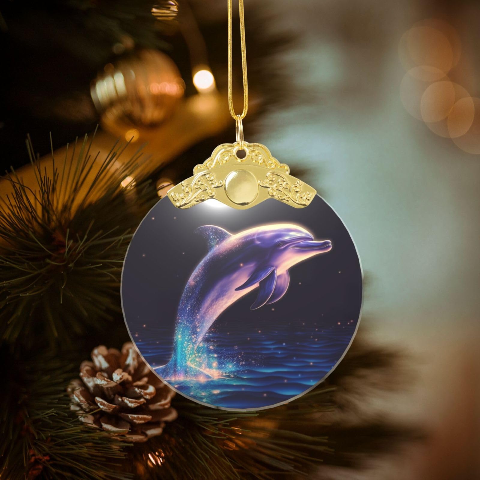 Crystal Christmas Ornaments for Christmas Tree Decoration Hanging Glitter Dolphin Ornament with Gold Ribbon Crafts Round Pendant for Keepsake Gifts Glass Xmas Decor Party Supplies