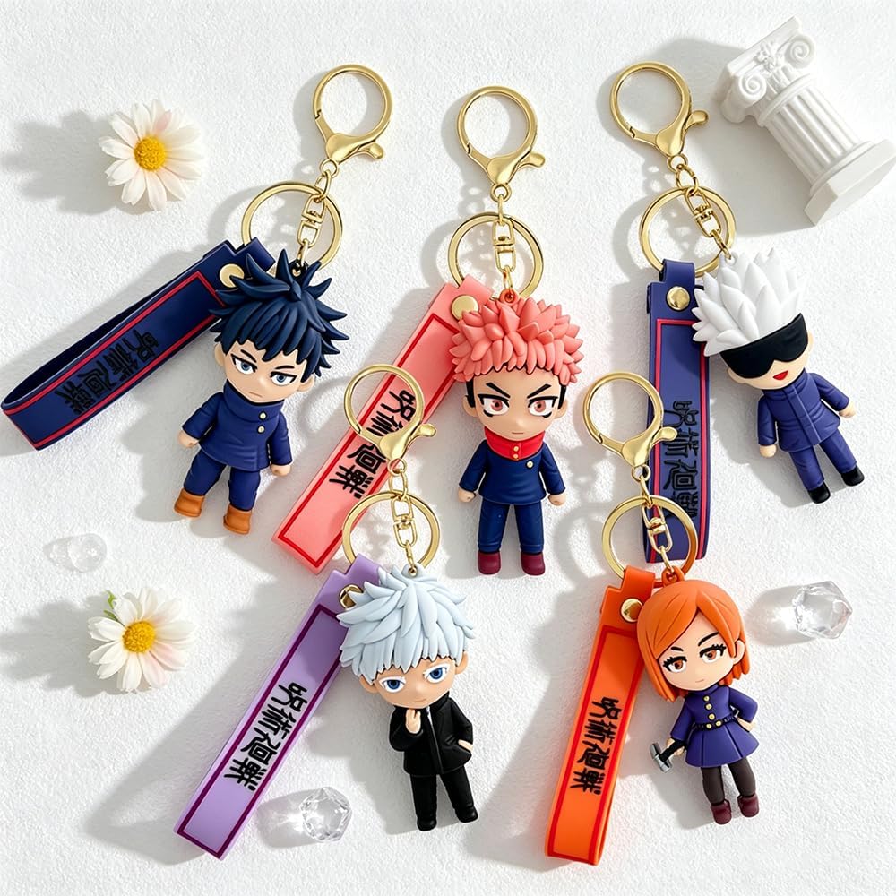 5Pcs JJK Anime Keychain Set, Fun Cartoon Figures Keyring, Collectible Pendant Keys Gift for Men Women Fans