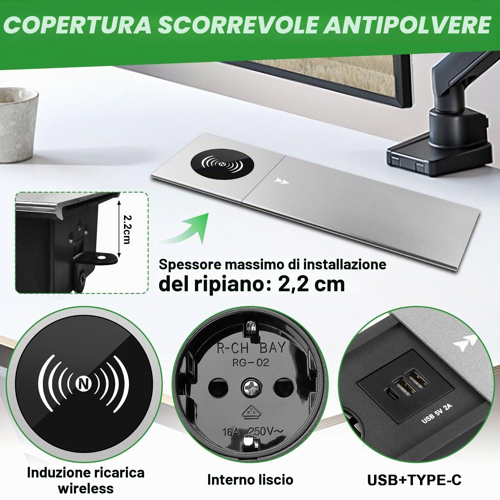 Presa da incasso a scomparsa con coperchio, 2 scomparti, USB C PD, presa da tavolo, presa a scomparsa, per scrivania, cucina, ufficio, tavolo da conferenza, colore argento