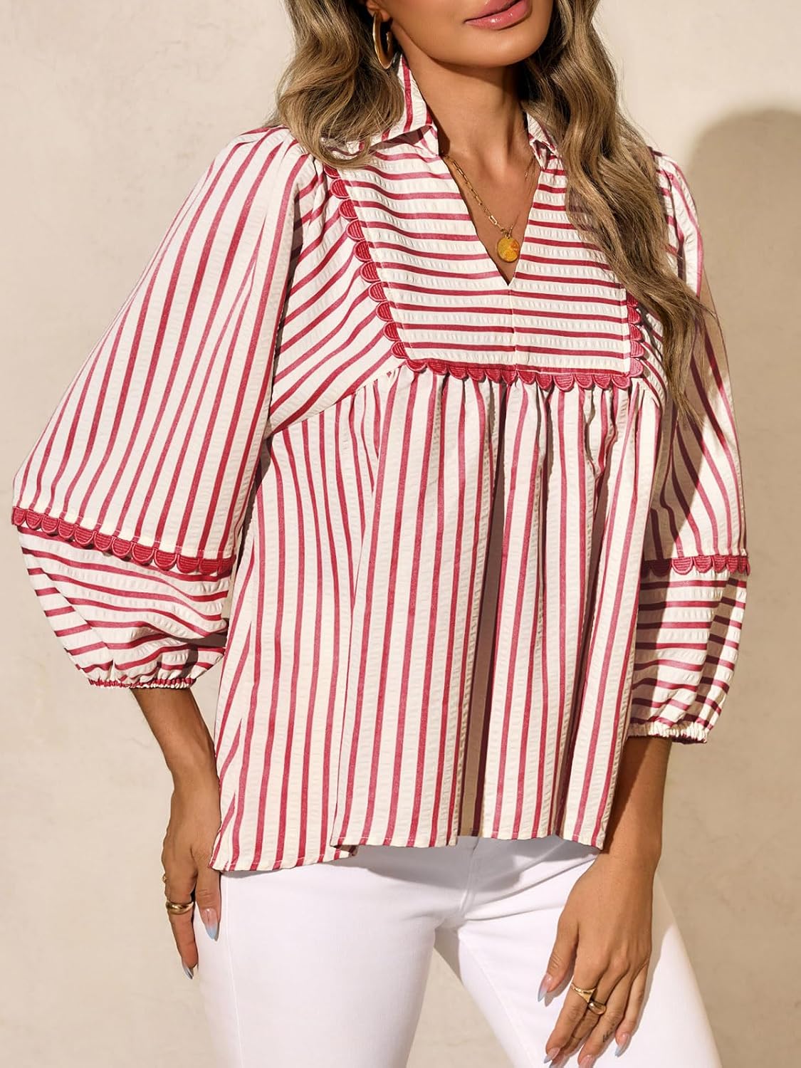 Tankaneo Womens Striped Babydoll Tops Oversized 3/4 Sleeve Peplum Blouse Loose Fit Pleated Cute Shirts - Image 6