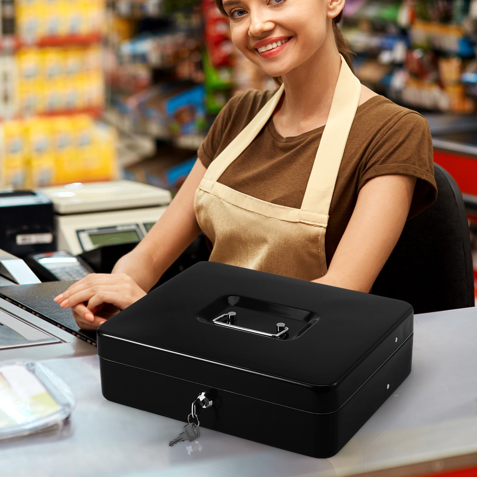Caja de Dinero con Bandeja para Billetes y Monedas, Caja Registradora Portátil con Cerradura y Llaves para Uso Doméstico y Comercial
