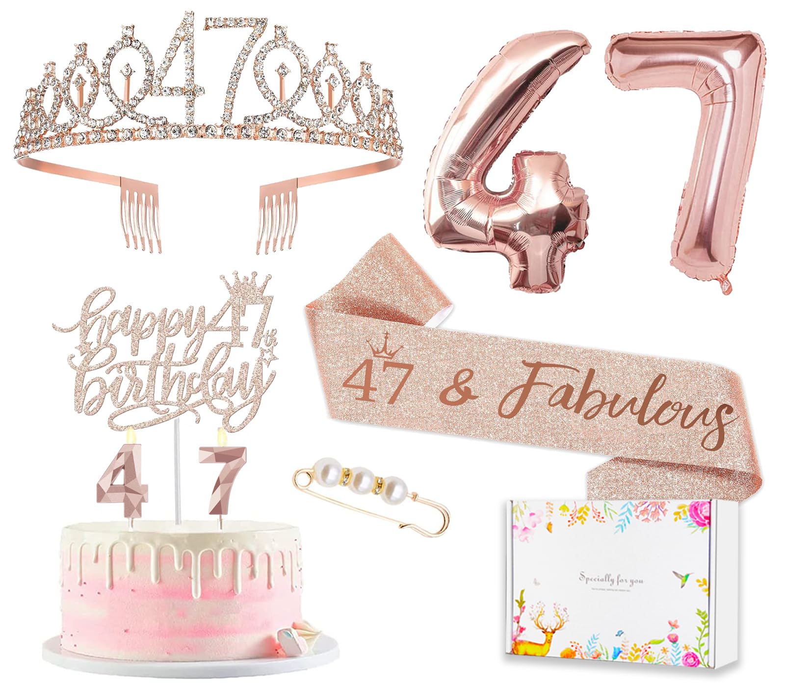 47th Birthday Decorations for Her Women, Including 47 year old Birthday Cake Topper, Birthday Queen Sash with Pearl Pin, Sweet Rhinestone Tiara Crown, Number Candles and Balloons Set, Rose Gold