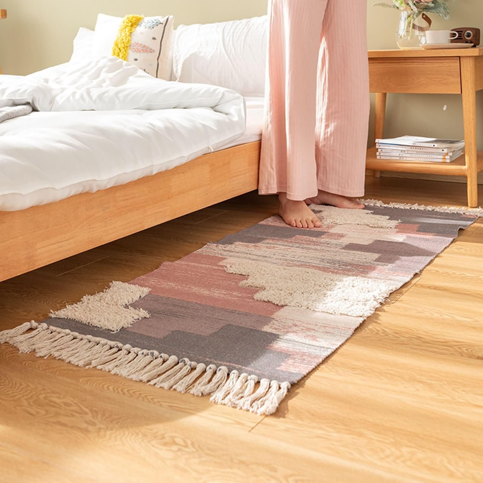 Tapis gris rose en dégradé de couleurs avec franges élégantes pour couloir et intérieur