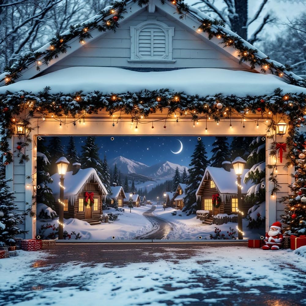 Christmas Village Garage Door Banner 7x16ft Snowy Moon Night Wooden House Mountain Extra Large Winter Wonderland Garage Door Cover for 2 Car Rustic Christmas Decorations for Party Backdrop