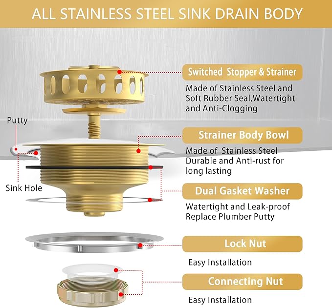 Colador de Fregadero Exakey 3-1/2" Oro Cepillado con Canasto y Tapón miniatura 9