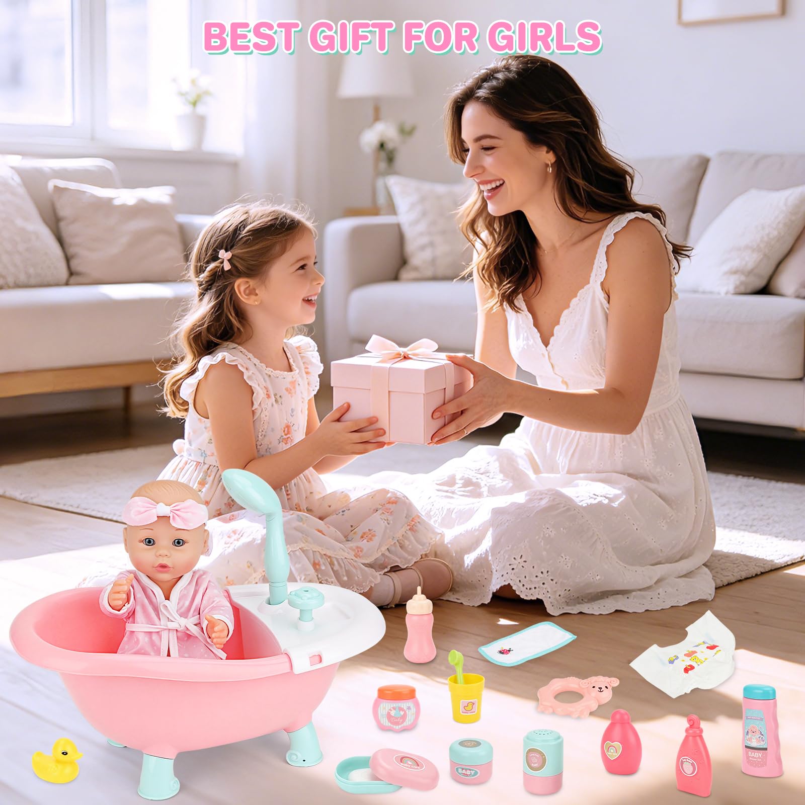 deAO Bambola con Vasca da Bagno, Vasca Doccia Funzionante | Set di Bagno Bambola, 30cm Bambolotto Bambina con Accessori Igiene e Vestiti, Regalo Compleanno Natale per Bambine 3+ Anni