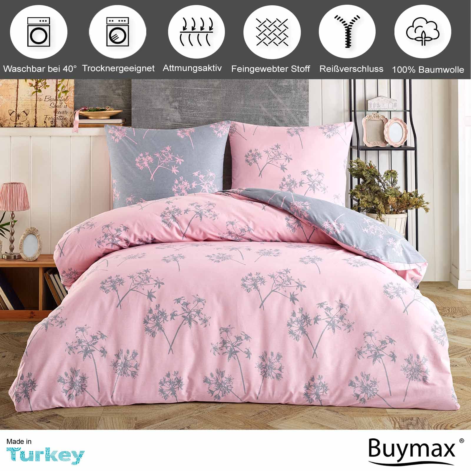 Buymax Bettwäsche 135x200 cm 4-teilig – Bettwäsche Set Renforcé 100% Baumwolle, 2 x Bettbezug 135x200 cm und 2 x Kissenbezüge 80x80 cm, Oeko-TEX, Reißverschluss, weich und atmungsaktiv