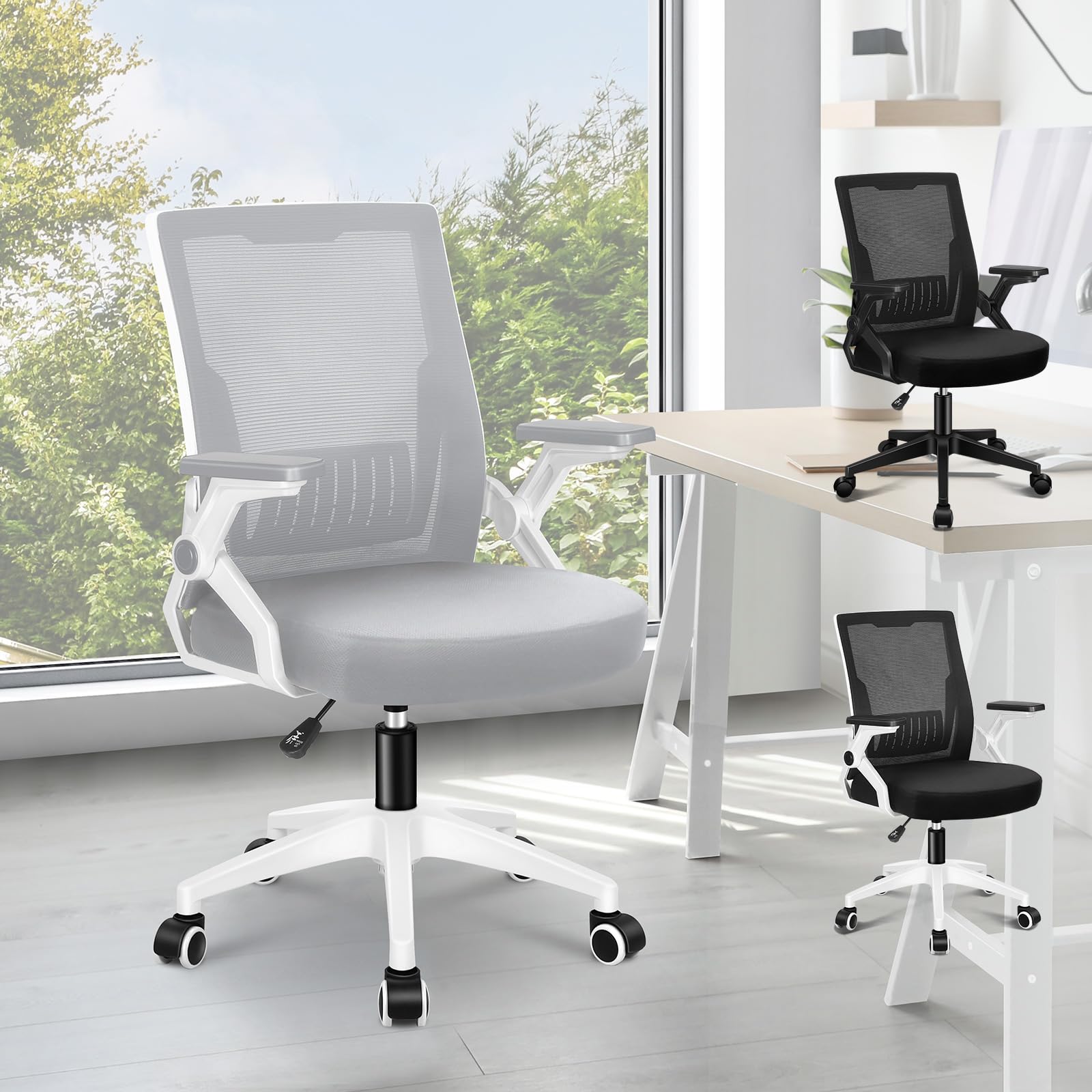 ELFORDSON Ergonomic Office Chair, Height Adjustable Desk Chairs for Home Office, Mid-back Swivel Mesh Computer Chair with 2D Armrests and Lumbar Support, Grey — image 1