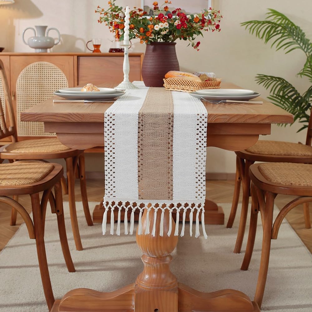 Bieżnik na stół z frędzlami, bawełniany i lniany, modny bieżnik w stylu boho, rustykalny bieżnik na stół do kuchni, dekoracja na wesele, imprezę, do jadalni, khaki A, 30 x 400 cm