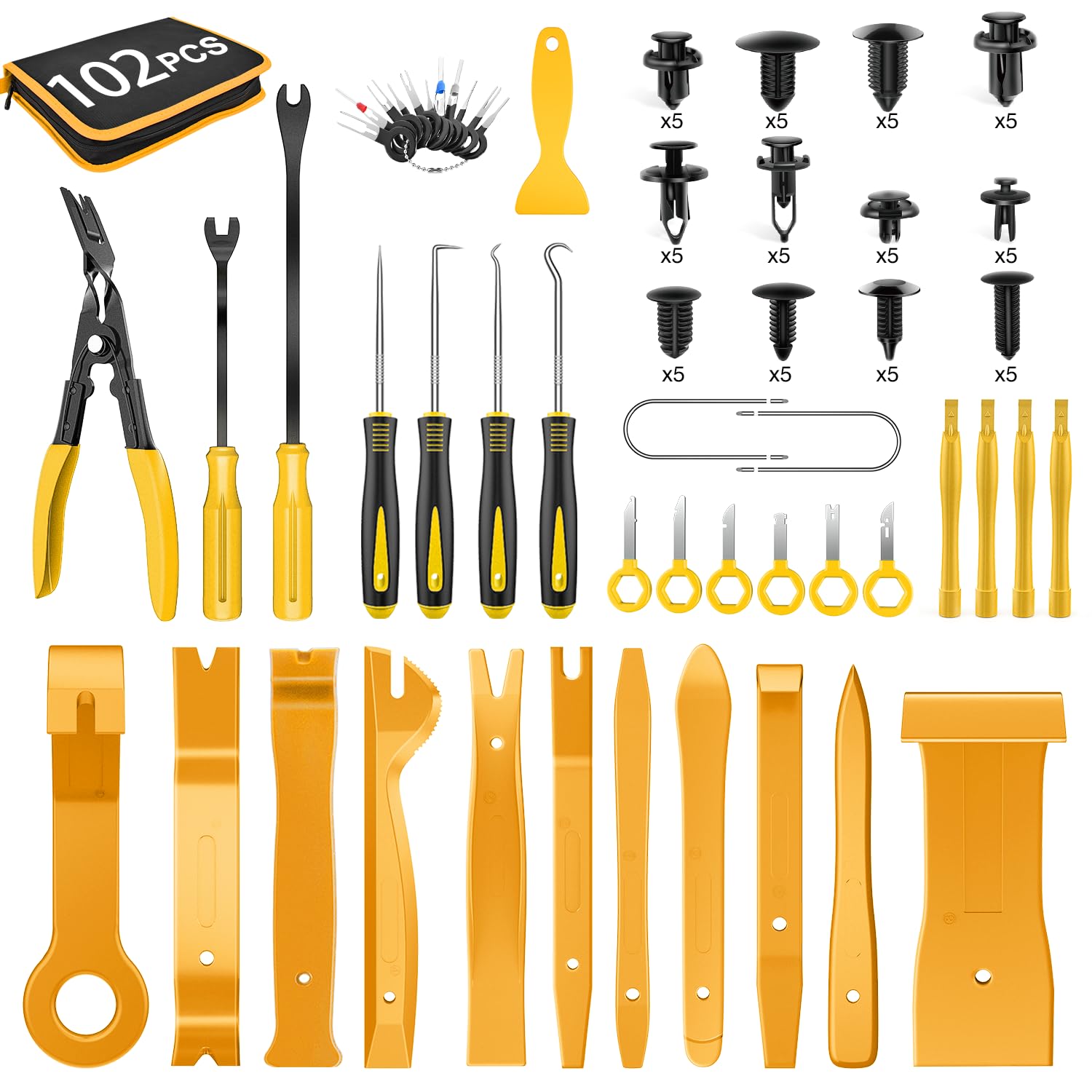 GOOACC 102Pcs Trim Removal Tool, Auto Push Pin Nylon Bumper Retainer Clip Set Fastener Terminal Remover Tool Round Handle Crowbar Kit Car/Radio Panel, Yellow