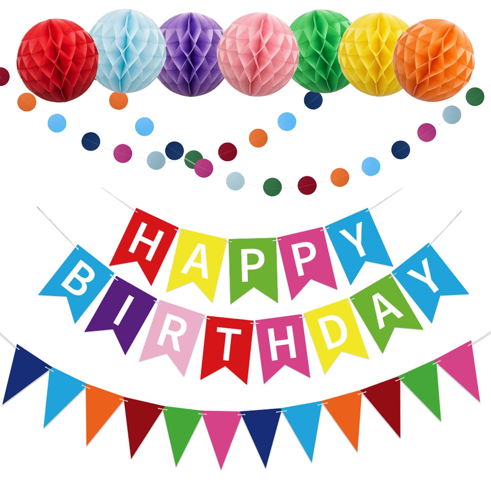 Colorful Happy Birthday Party Decorations, 10 Pcs Happy Birthday Banner with Paper Round Garlands Bunting Honeycomb Balls for Women and Men Birthdays Party Decoration Supplies