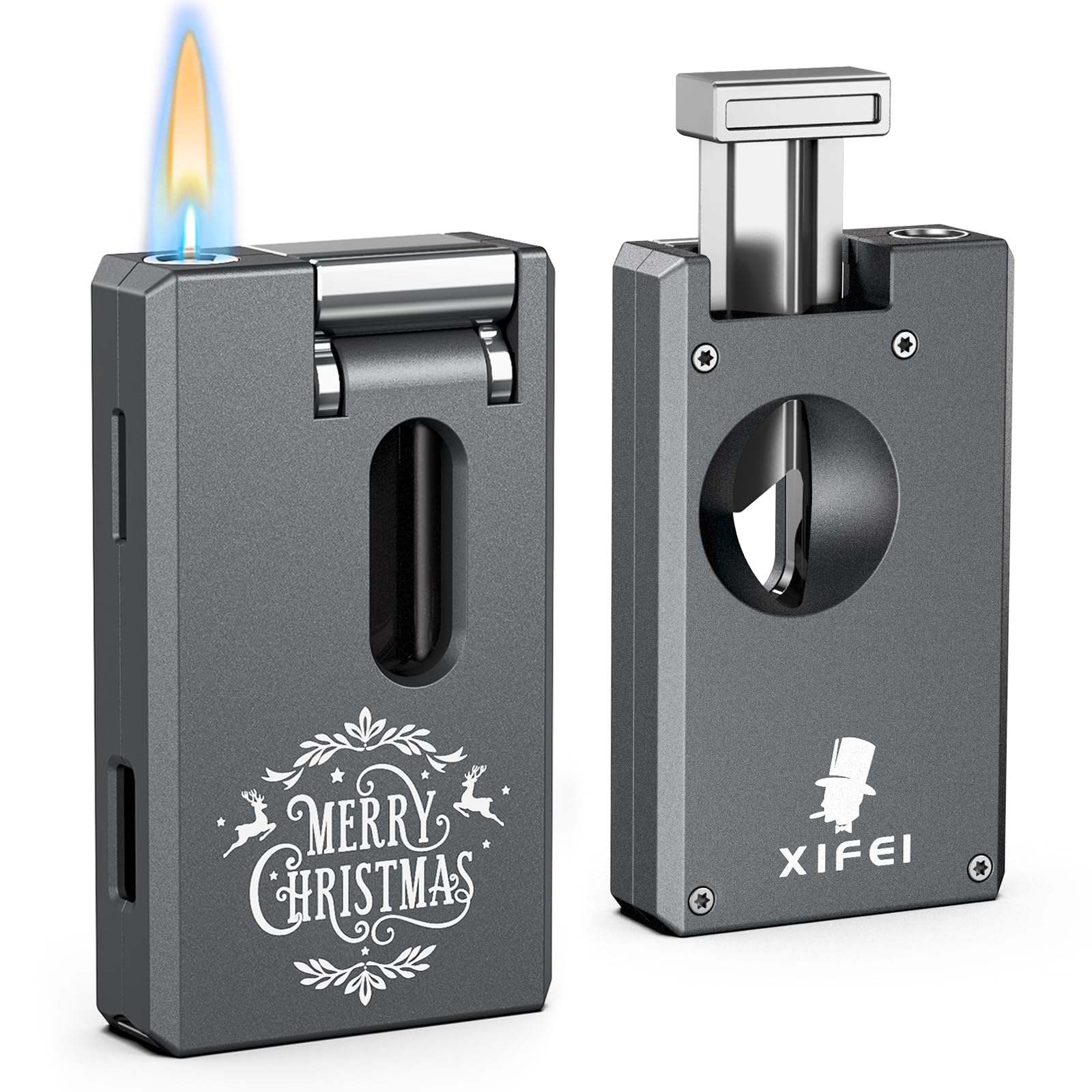 XIFEI Cigar Lighter with Cigar V Cutter, Cigar Punch, Windproof Adjustable Jet Soft Flame, Personalized Christmas Design Refillable Butane Lighter, Portable Torch Lighters Gift for Men