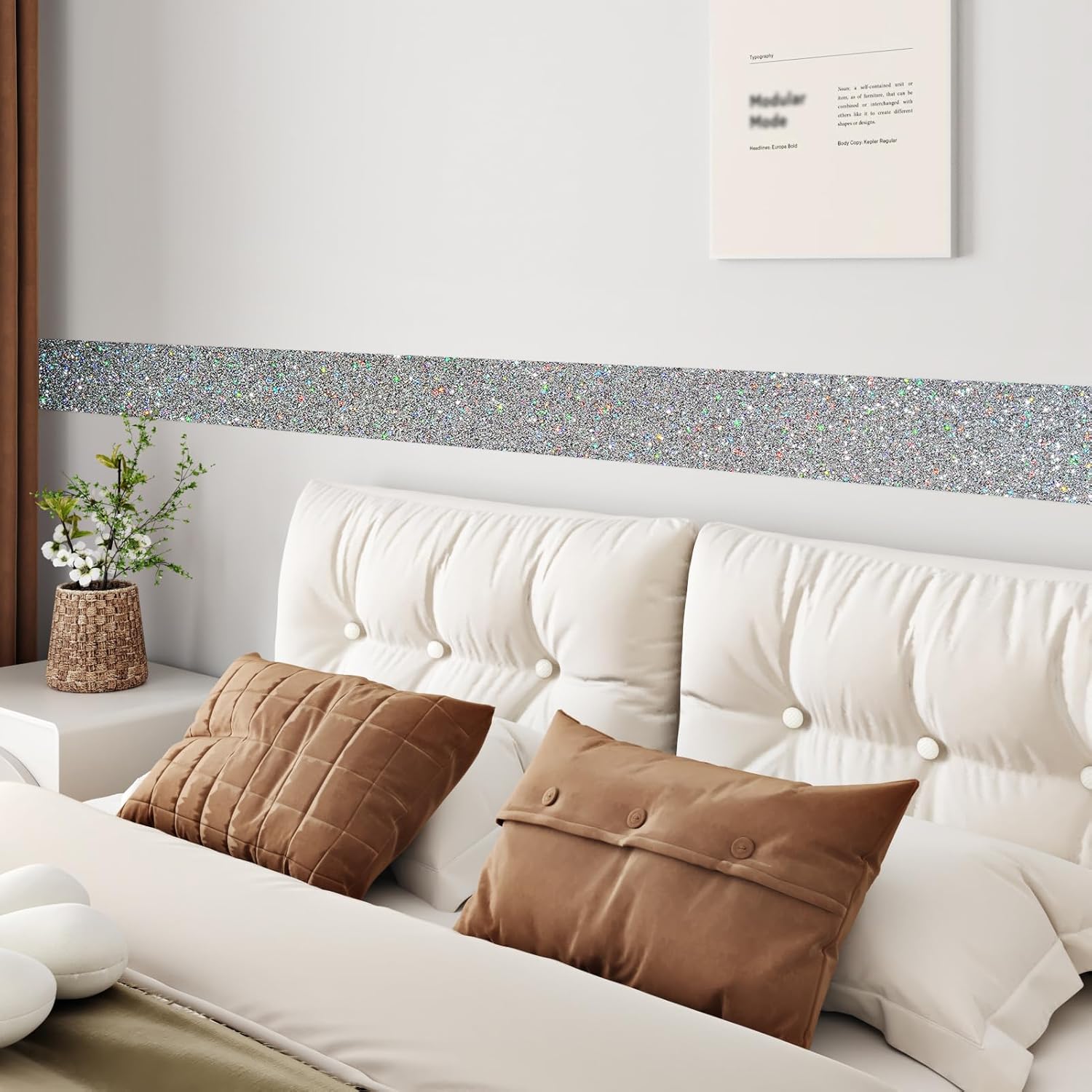 Wallercity Holographic Silver Glitter Wallpaper Border Bulletin Board Trim Self Adhesive Glitter Silver Contact Paper Sparkle Wall Borders Peel and Stick Mirror Frame for Office DIY Decor 3.94"x158"
