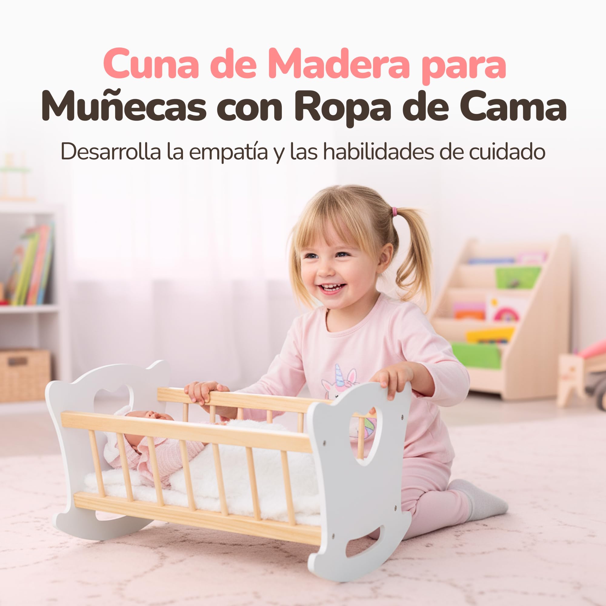 Kinderplay - Cuna de Madera con Ropa de Cama para muñecas de hasta 49,5 cm, Juguete de Madera para niñas a Partir de 3 años, Cuna sostenible para Juegos de rol y Regalo para niños