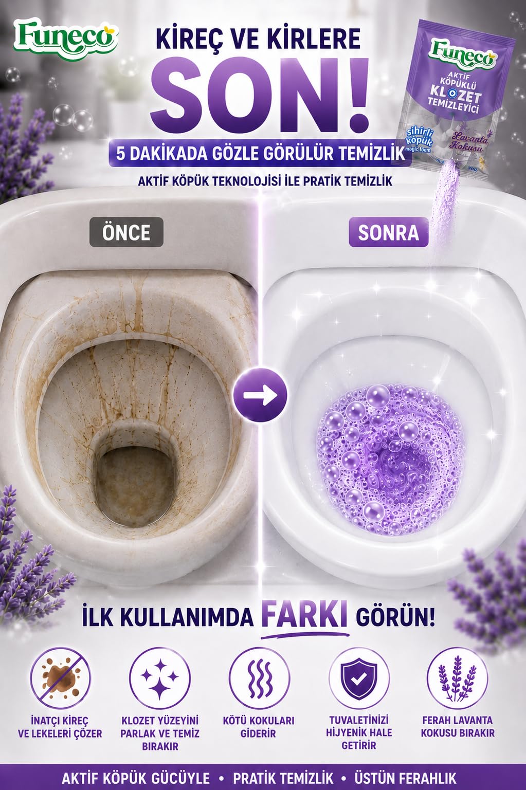 Funeco Tuvalet Klozet WC Lavabo Temizleyici Aktif Köpüklü Doğa Dostu 4x75g (300g) Aylık Paket – Lavanta Ferahlığı