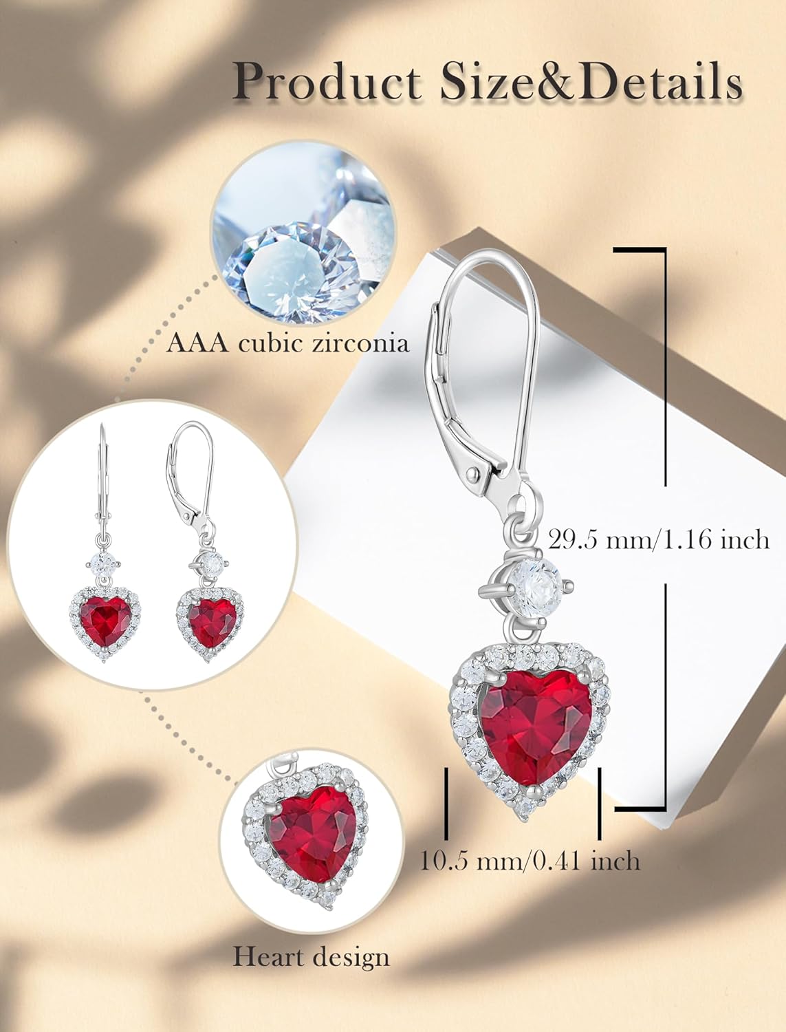 Heart Dangle Drop Earrings for Women, 925 Sterling Silver Earrings with 7x7MM Birthstones Love Heart Leverback Jewelry Gifts for Her