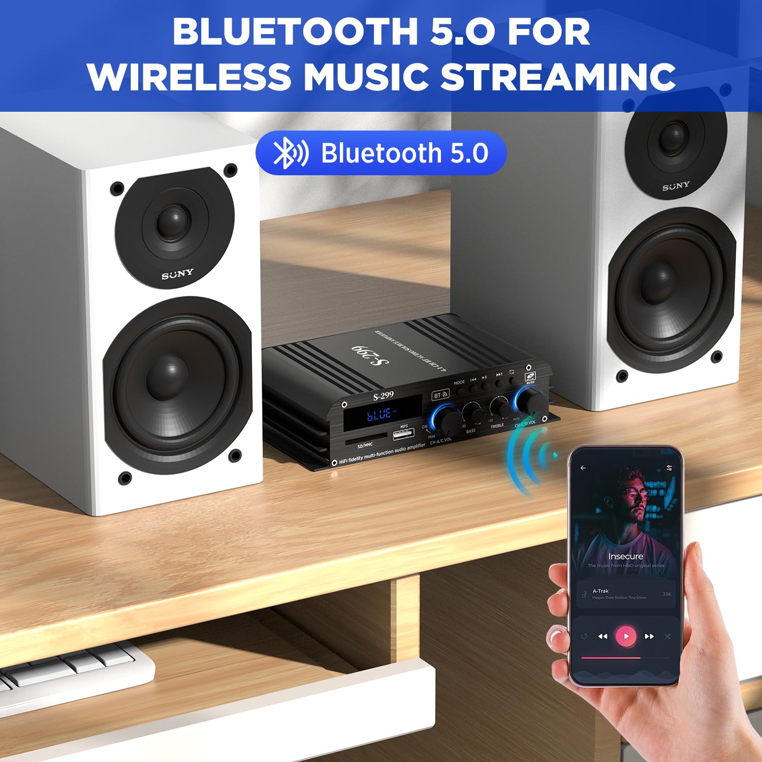 1600W Amplificateur hifi Bluetooth 5.0, 40W x 4 +Caisson de basses actif | 4,1 CH Ampli Voiture Home Cinema Amplificateur de son Avec TF/USB Récepteur pour Mobile Maison Chambre