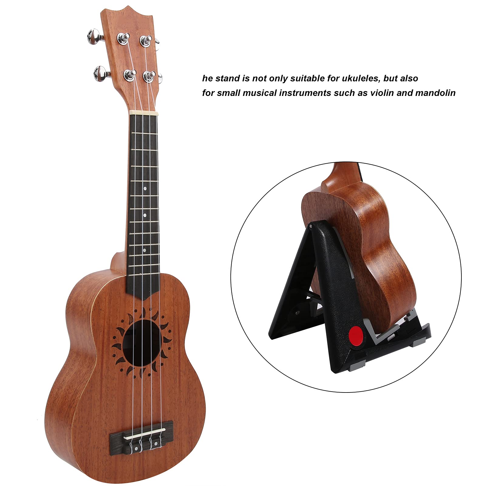 Qqmora Chitarra in Legno Sapele di Alta qualità a 4 Corde Ukulele da 21 Pollici con Supporto Pieghevole per Principianti, Bambini e Adulti