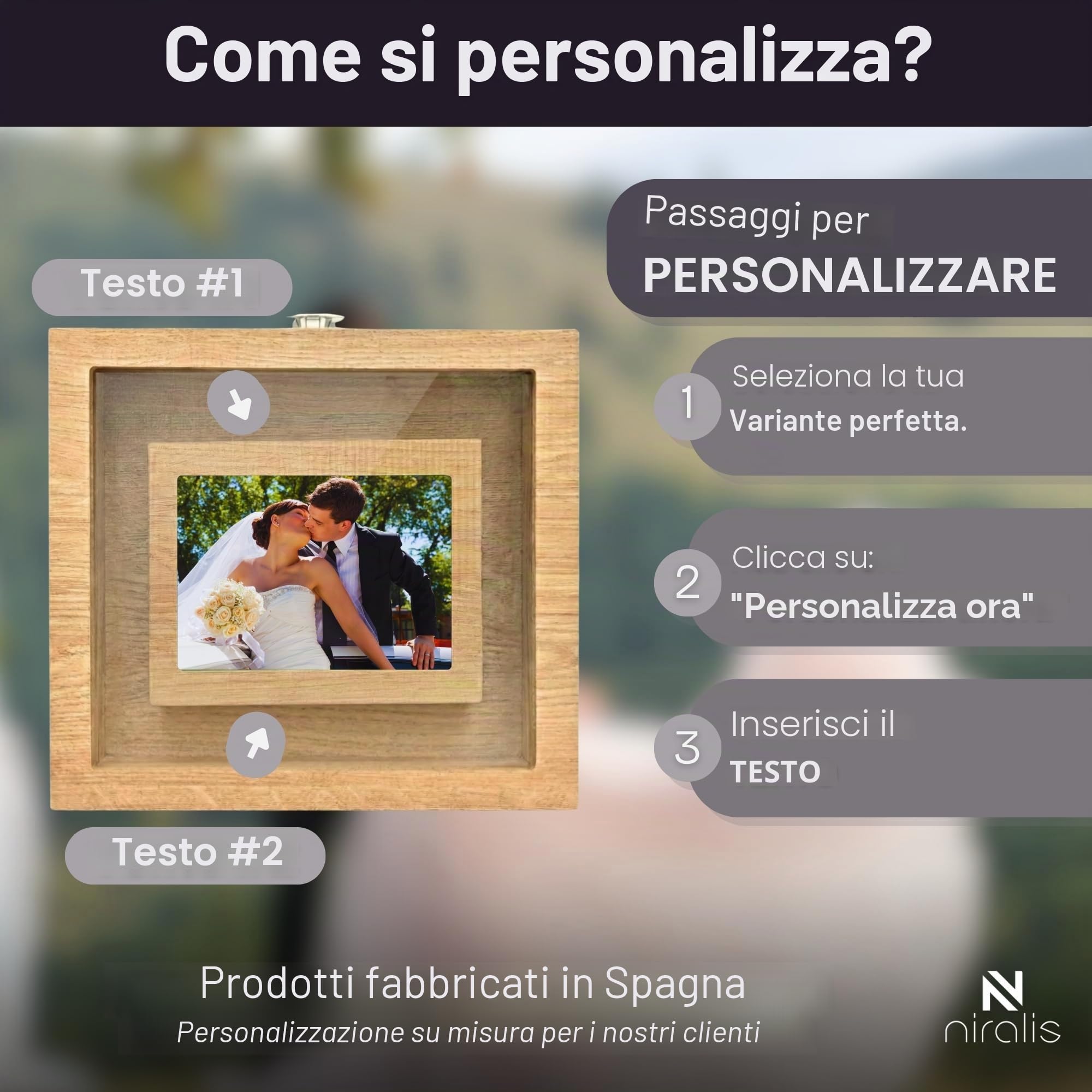 Rito della sabbia matrimonio - NIRALIS - cornice cerimonia rovere personalizzabile con nomi e data sopra foto 10x15, chiusura magnetica e ricordo artigianale per nozze - 24x26x5 cm variante semplice