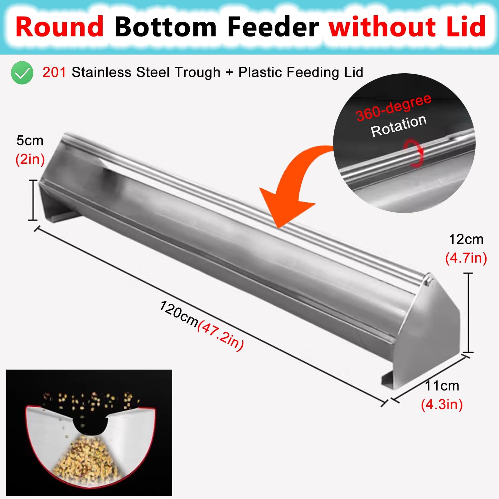 mangiatoia per galline Mangiatoia per polli Quadrata/ Fondo rotondo, Mangiatoia per pollame con traversa girevole, per anatre tacchini oca(Round,L 120cm/47.2in)