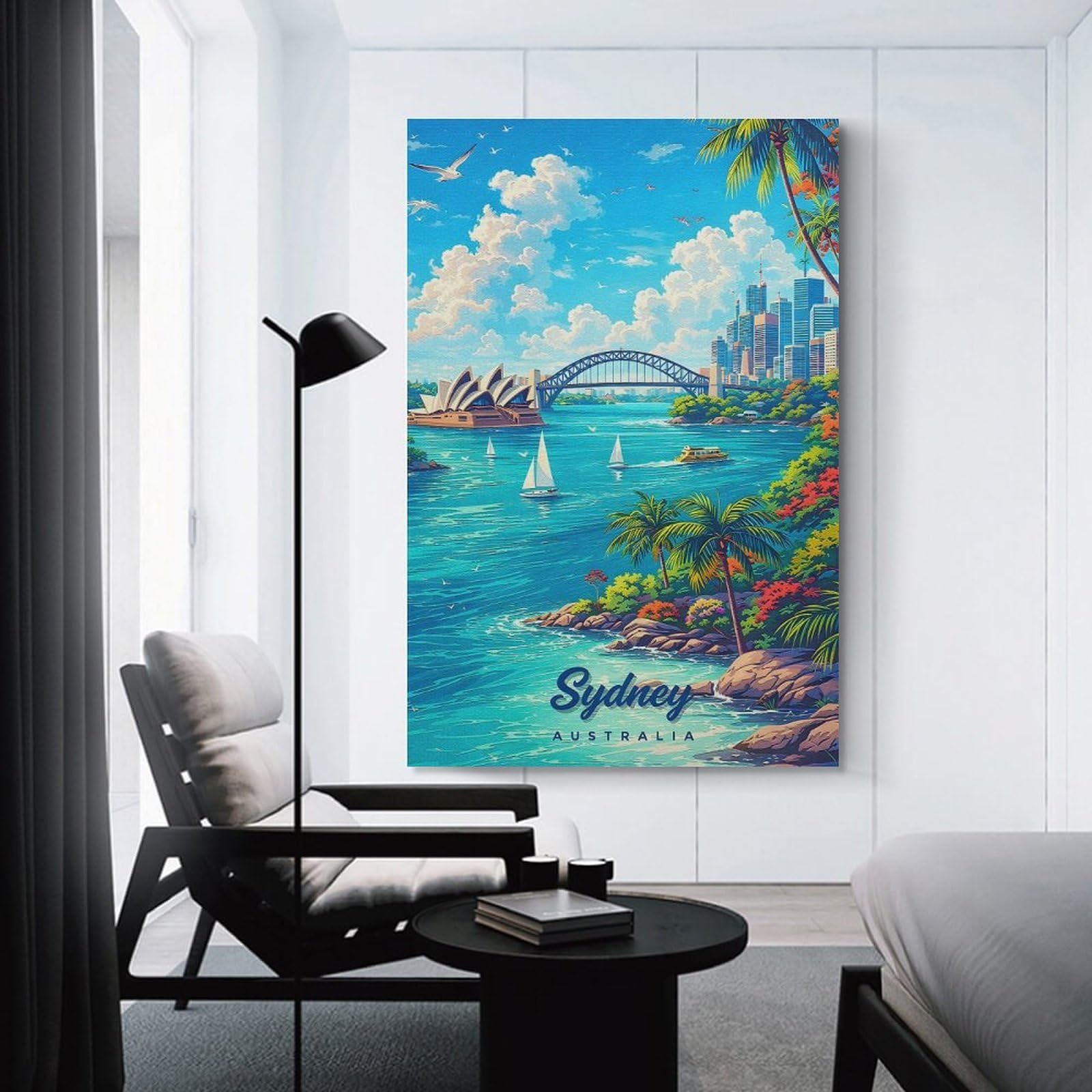 Junmoney Sydney Harbor with Opera House And Bridge Canvas Wall Art 24x36inch(60x90cm), for Study, Office Or Focused Interiors, Home Office Artwork with Decorative Appeal