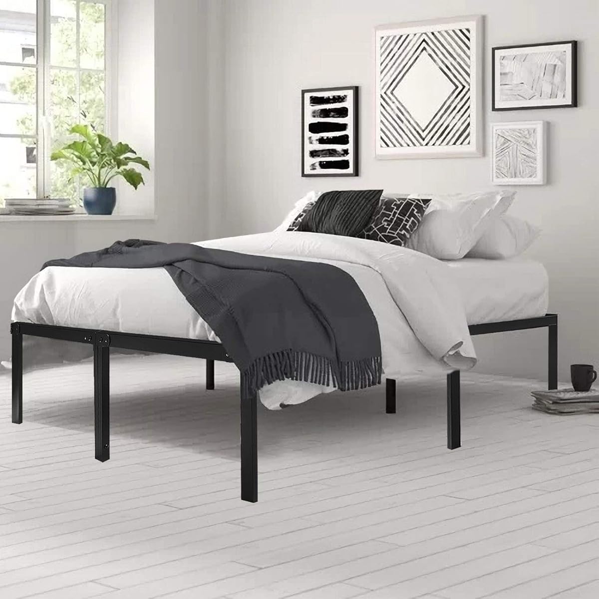 $23/mo - Finance 18 Inch Full Bed Frame No Box Spring Needed Metal Platform  Bedframe with Storage for Kids High Tall Black | Buy Now, Pay Later