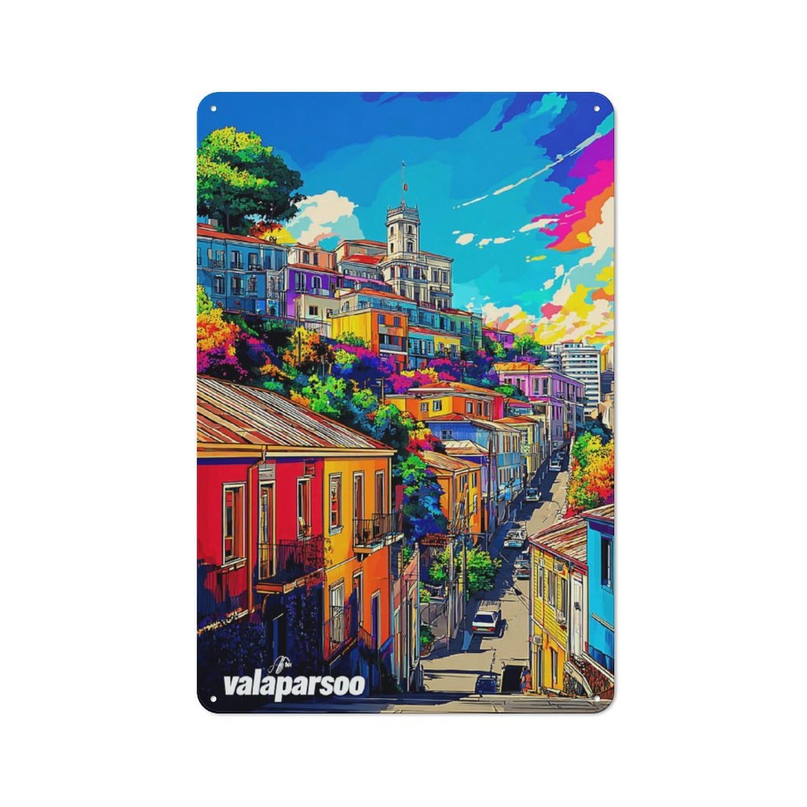Junmoney Colorful Hillside Neighborhood Metal Wall Plaque With Design 30X20cm, Old Fashioned Vintage Wall Decor For Living Room, Hallway, Kitchen Or Cafe