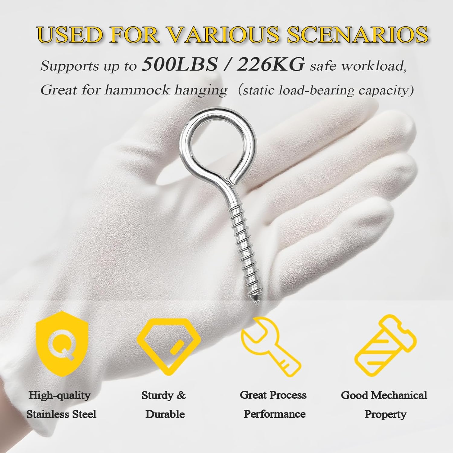 2 PCS 304 Stainless Steel Screw Eye Hooks, 4 Inch Eye Bolt Screws Heavy Duty Eye Hooks Screw, Screws Bolts Load Bearing 500LBS for Hanging Hammock, Plants, Securing Cables Wire Indoor & Outdoor (2) - Image 6