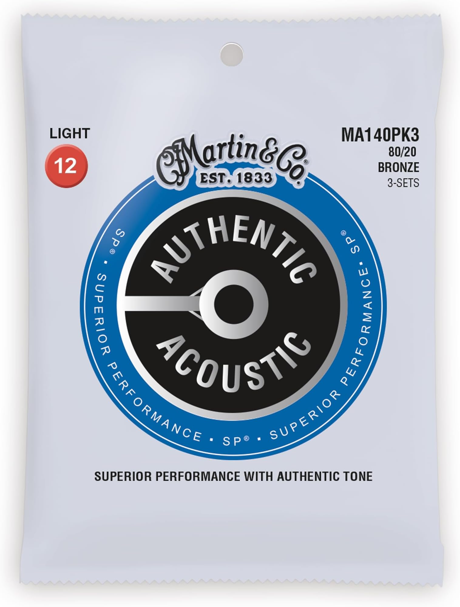 Authentic Acoustic Guitar Strings, Superior Performance Light 12-54, 80/20 Bronze, 3 Pack
