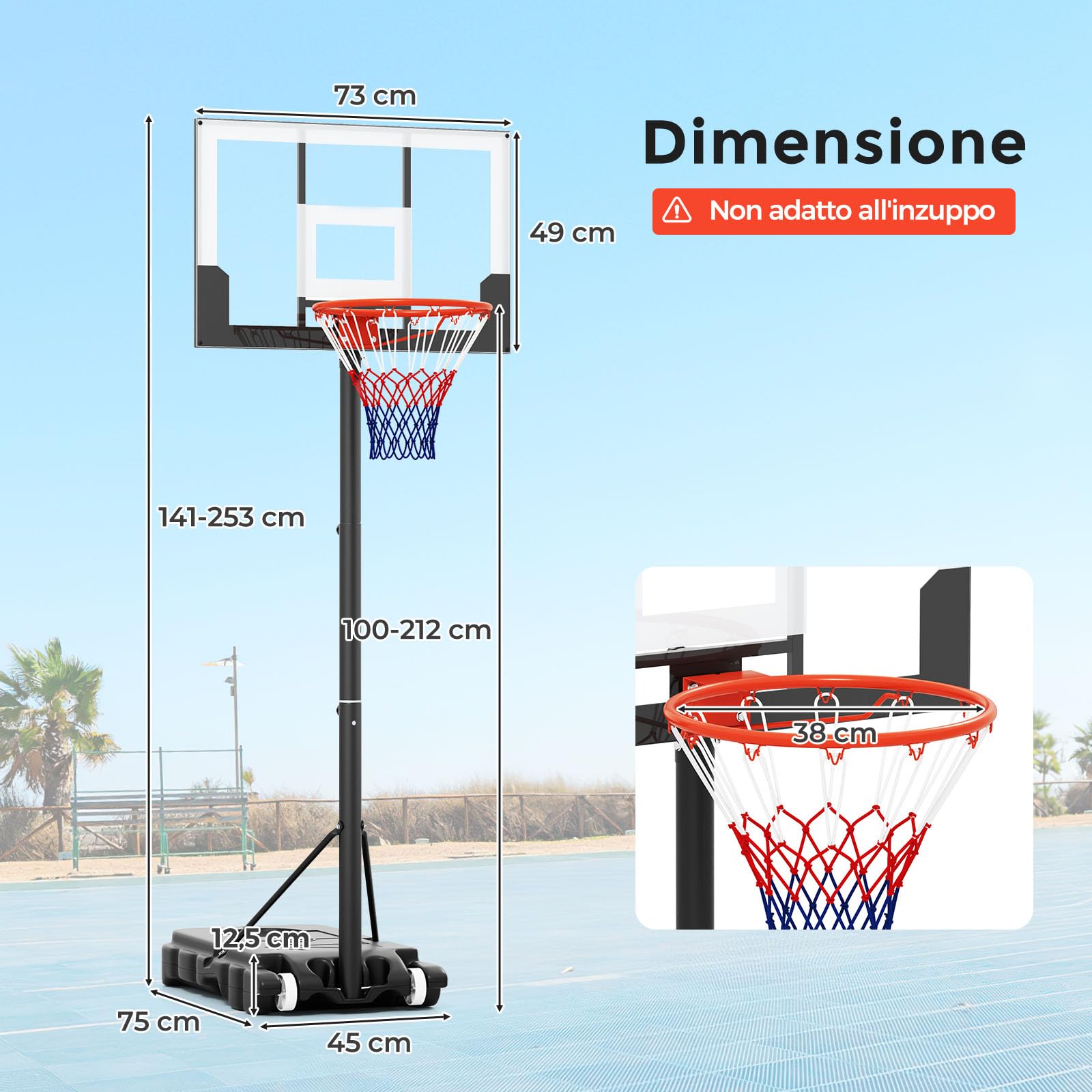 COSTWAY Canestro da Basket Esterno ed Interno Regolabile 100 cm-212 cm, Canestro da Basket per Bambini/Adolescenti Portatile con Tabellone in PC, Base Riempibile e Ruote