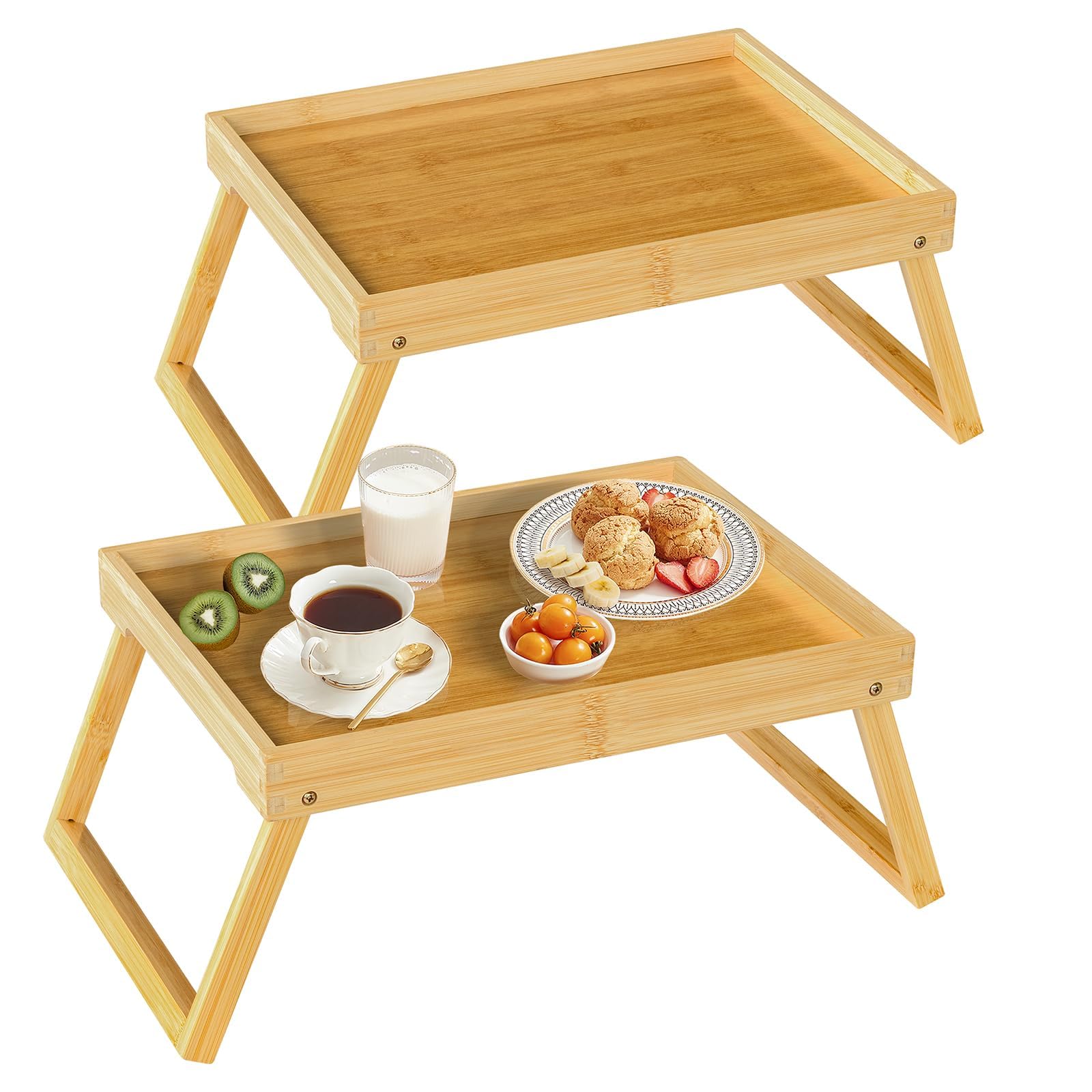 Betttablett aus Bambus mit Klappfüßen, Frühstückstablett im Bett, Serviertablett für die Küche, Serviertablett, Essenstablet, Sofa, Snack (Beige)