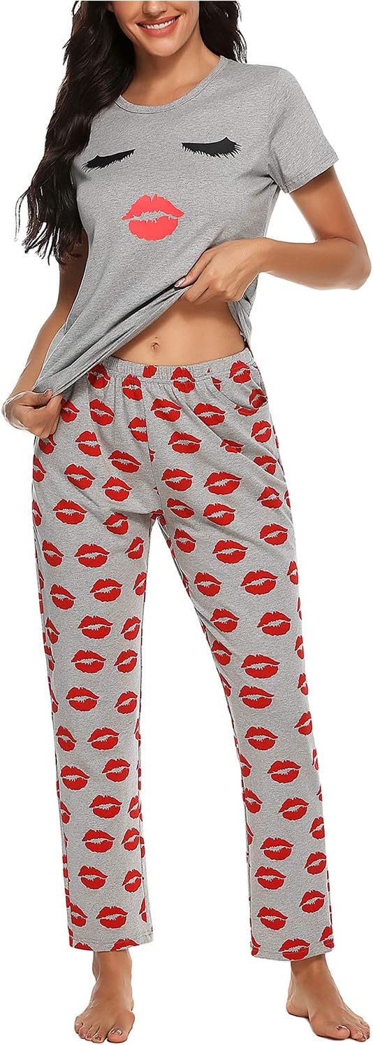 EISHOPEER Women's Cotton Pajama Set Cute Printed Short Sleeve Top & Long Pants Sleepwear Pjs Sets - Image 2