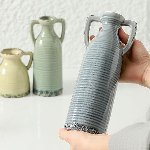 Miniatura 9 de Juego de 3 jarrones de cerámica con asas, juego de jarrones de granja para decoración moderna, jarrones redondos rústicos agrietados para decoración