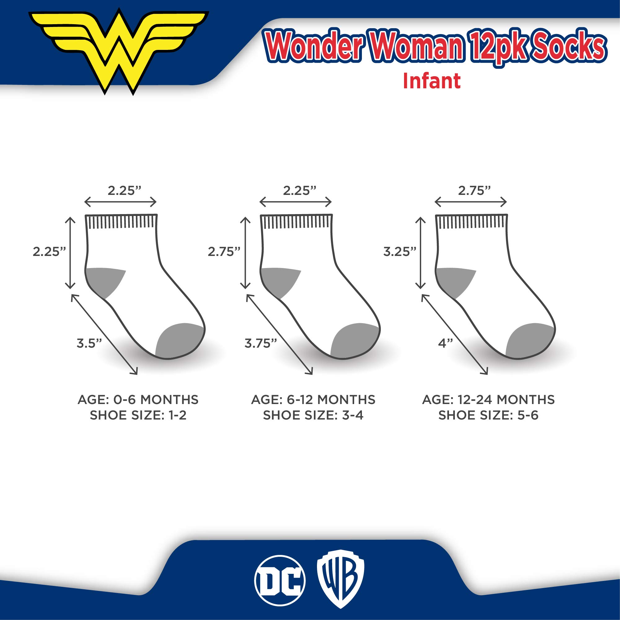 DC Comics Infant Girls' Socks - 12 Pack Low Cut Superhero Socks: Bat Girl, Super Girl, Wonder Woman, Size 6-12 Months, Wonder Woman