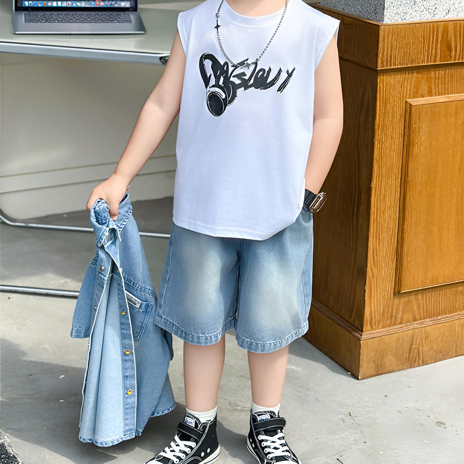 amropi Bambino Ragazzi Denim Maglietta a Maniche Corte + Canotta + Pantaloncini in Jeans 3 Pezzi Estivo Set per 2-9 Anni