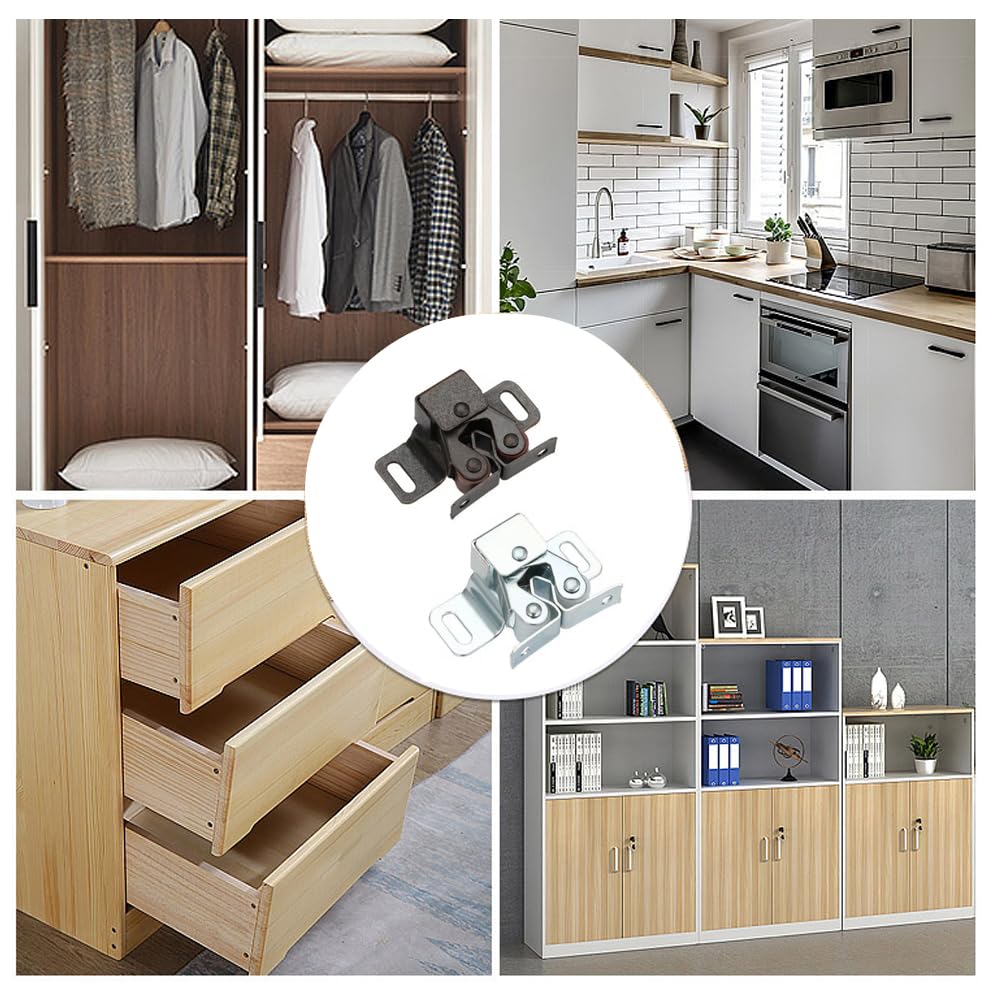 Paquete de 6 pestillos para gabinete, accesorios de cierre de doble rodillo para armario, armario, cocina, puertas y gabinetes de RV, color plateado