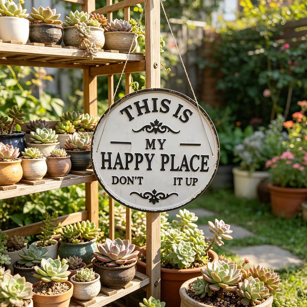 Funny Garden Metal Sign – "This Is My Happy Place Don't F It Up", Vintage Round Wall Decor for Home, Garden, Bar, Coffee Shop, 12x12in