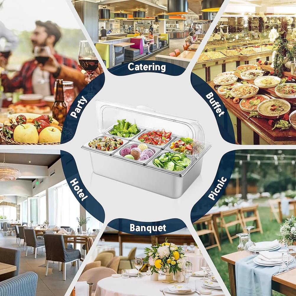 Vitrina refrigerada para ensaladas y especias, de acero inoxidable contenedor expositor de sobremesa para alimentos con hielo ideal para restaurantes, hoteles (6 compartimentos)