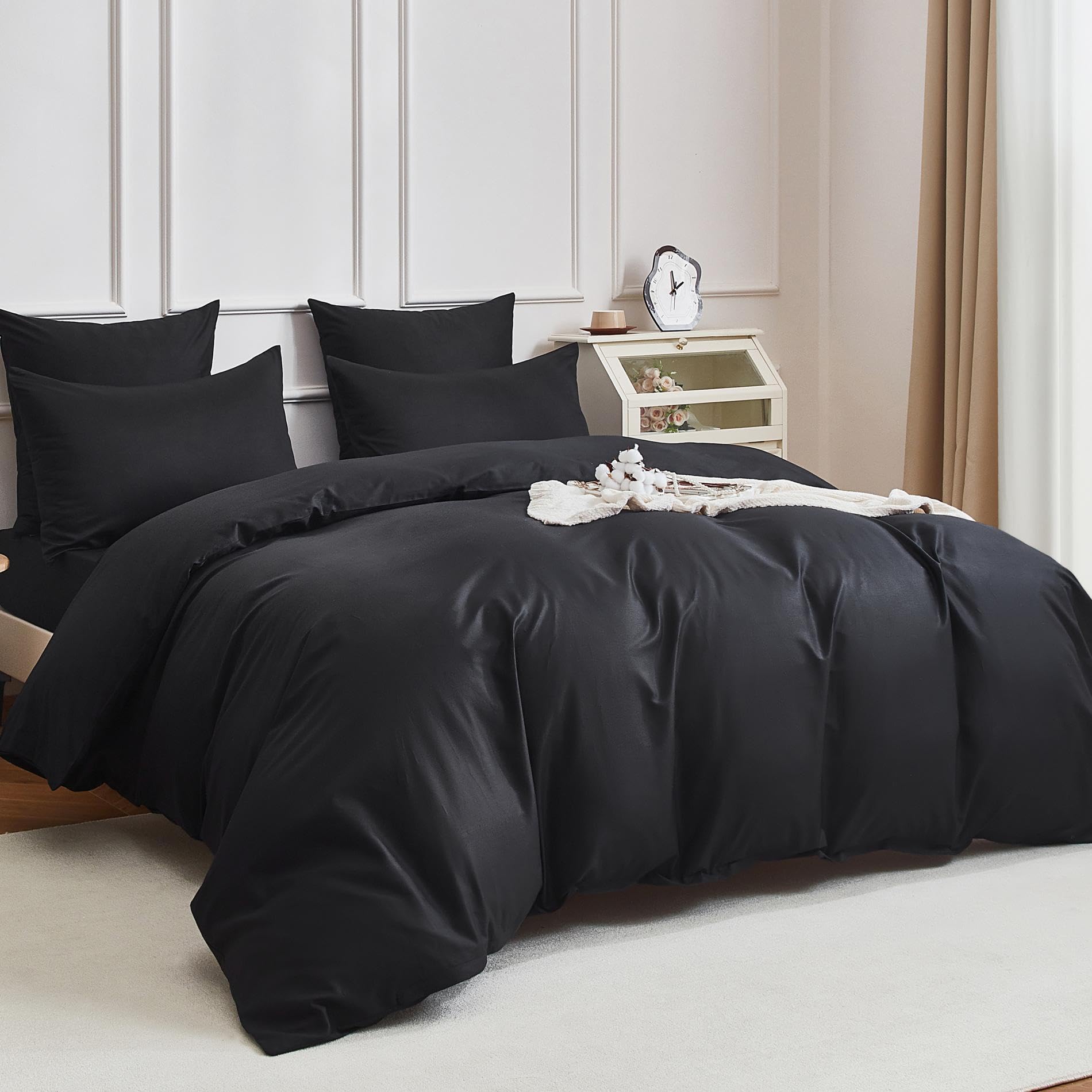 Housse de Couette 240 x 260 Coton Noir Parure de Lit 240 x 260 100% Coton Peigné Rafraîchissant Soyeux Respirant Linge de Lit 2 Personne avec Fermeture Éclair et 2 Taies d'oreiller 65x65 cm