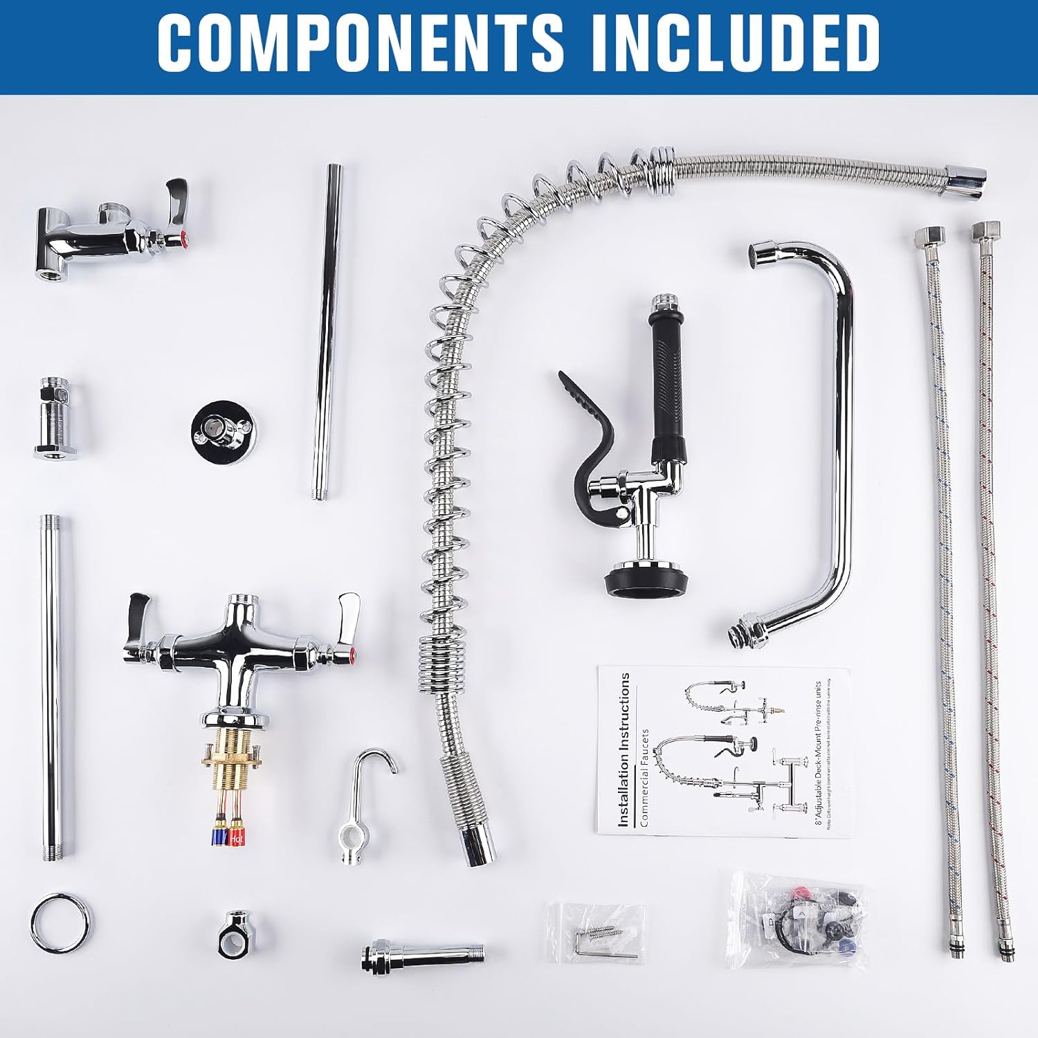 36" Height Commercial Sink Faucet Deck Mount with Pre-Rinse Sprayer, Commercial Kitchen Faucet with 10" Add-on Swing Spout Faucet & Spring Pull Down Sprayer, 8" Adjustable Center Kitchen Faucet