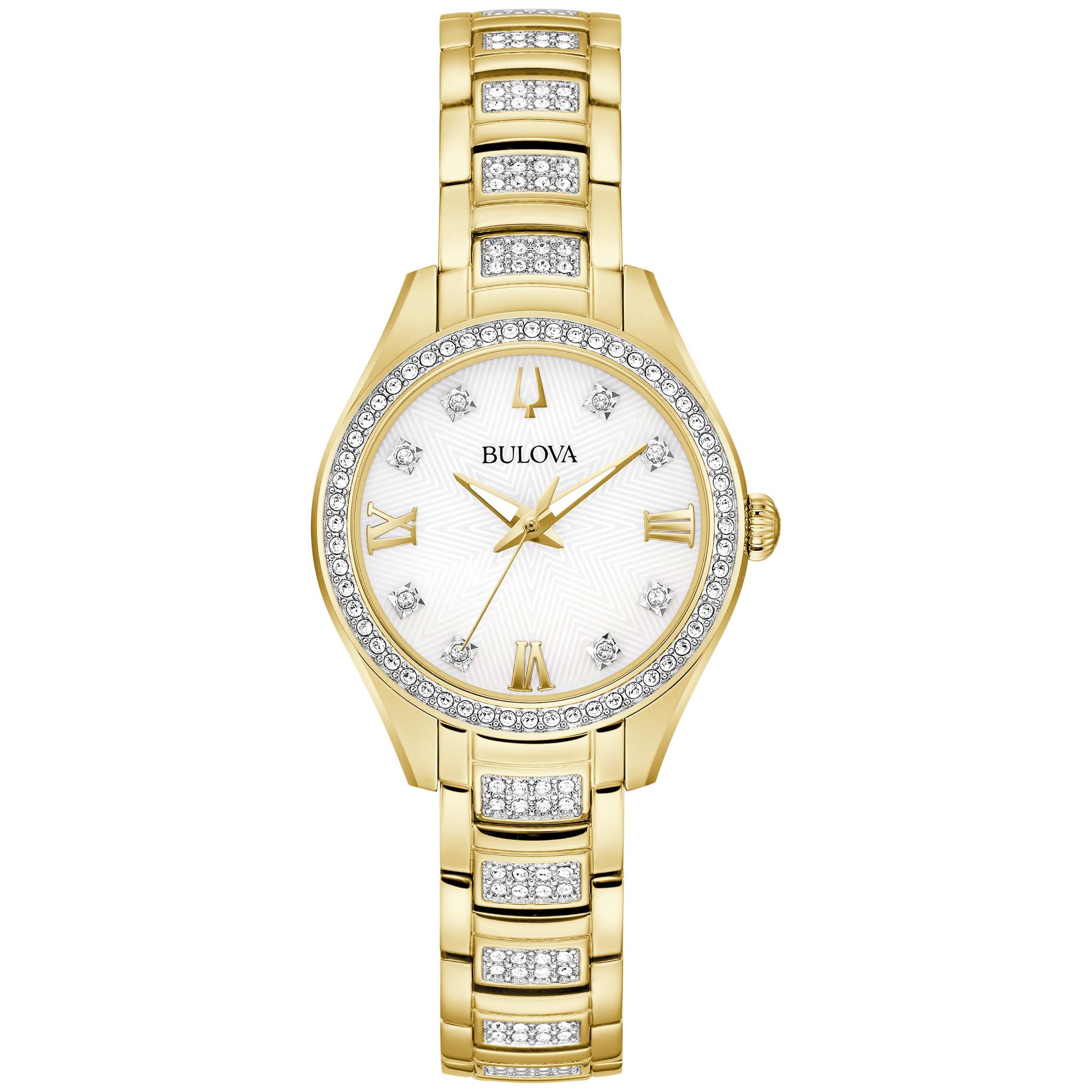 Bulova 98L306 - Reloj de pulsera con esfera de nácar de cristal y tono dorado, 28,5 mm, 98L306, Oro, 9 inches, Moderno