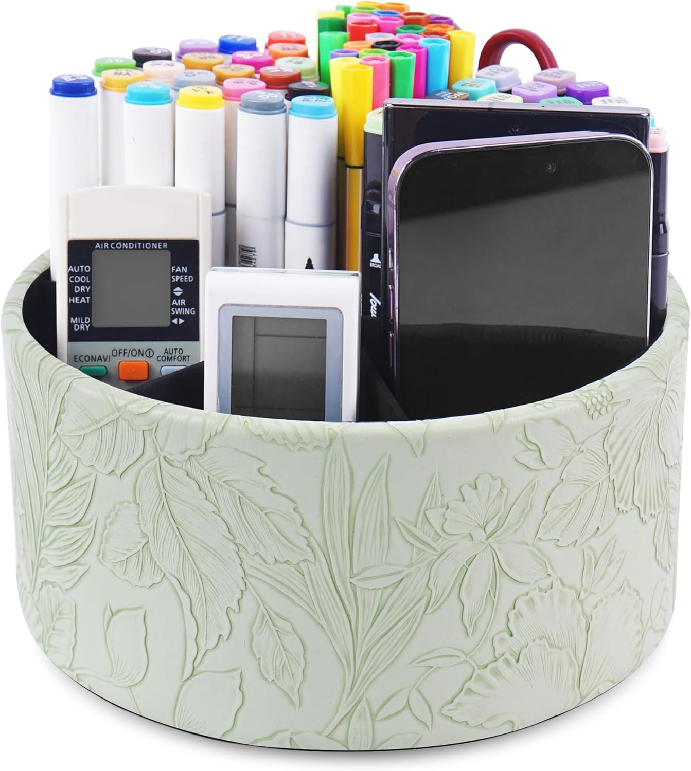 Hennaja Remote Control Holder, 360°Spinning PU Leather Desk TV Remote Caddy,Desk Storage Box Room Accessories for Controller, Media,Mail,Calculator, Mobile Phone,Pencil(1-Carved Green1)