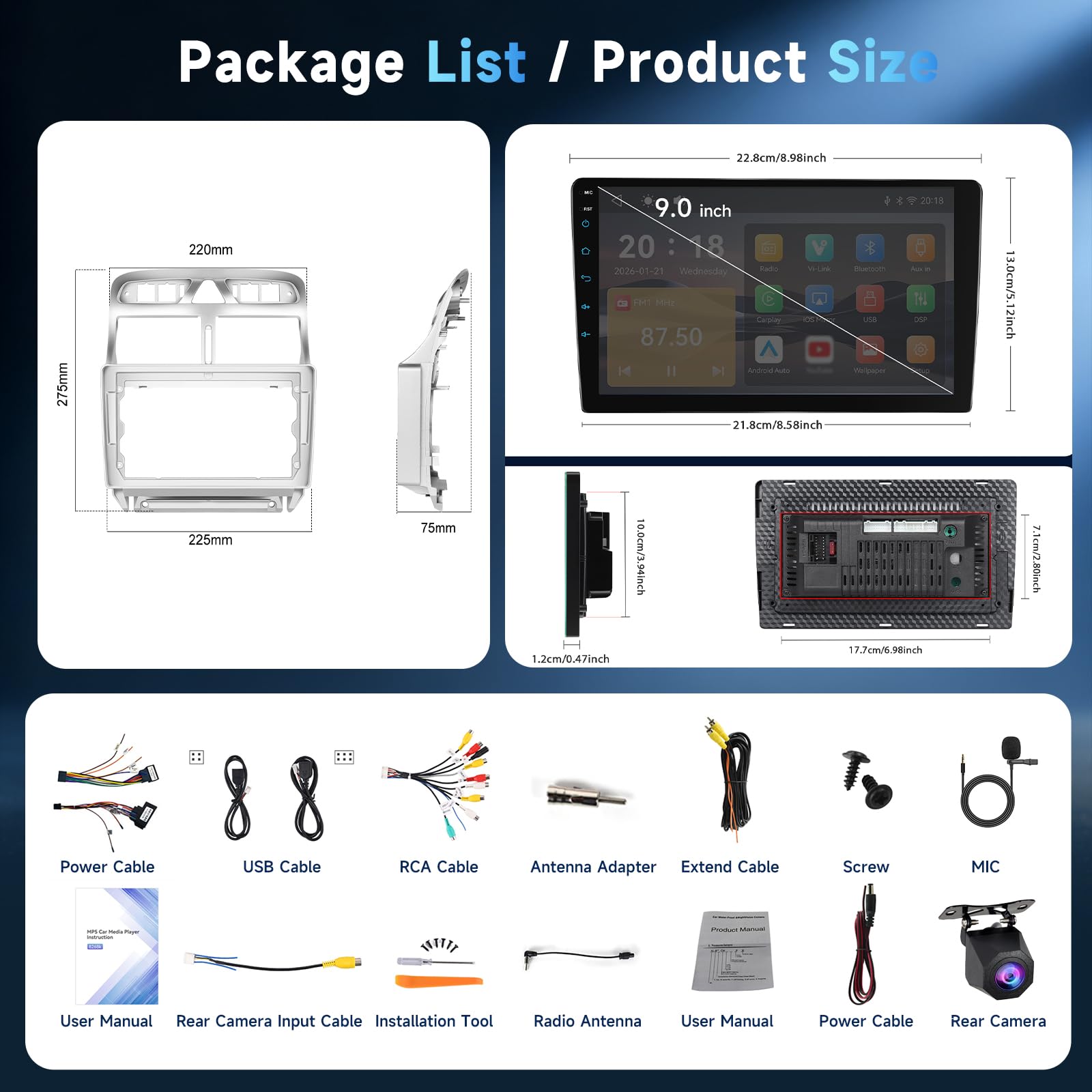 Hodozzy Radio 2 DIN para Peugeot 307 307CC 307SW 2002-2013 con Wireless CarPlay Android Auto, Pantalla Táctil IPS de 9 Pulgadas Radio con Bluetooth, DSP, FM/RDS, USB, SWC y Retroiluminación Color