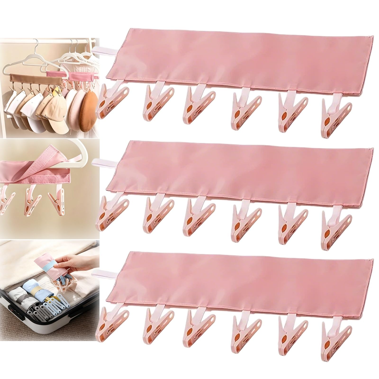 Yfjyxen Travel Foldable Clothes Hangers with 6 Clips, Portable Laundry Hanging Clip, Compact Drying Rack Multipurpose Organizer Hanger Hook Set for Dorm Household Socks Underwear Hat Scarf(3pcs-Pink)