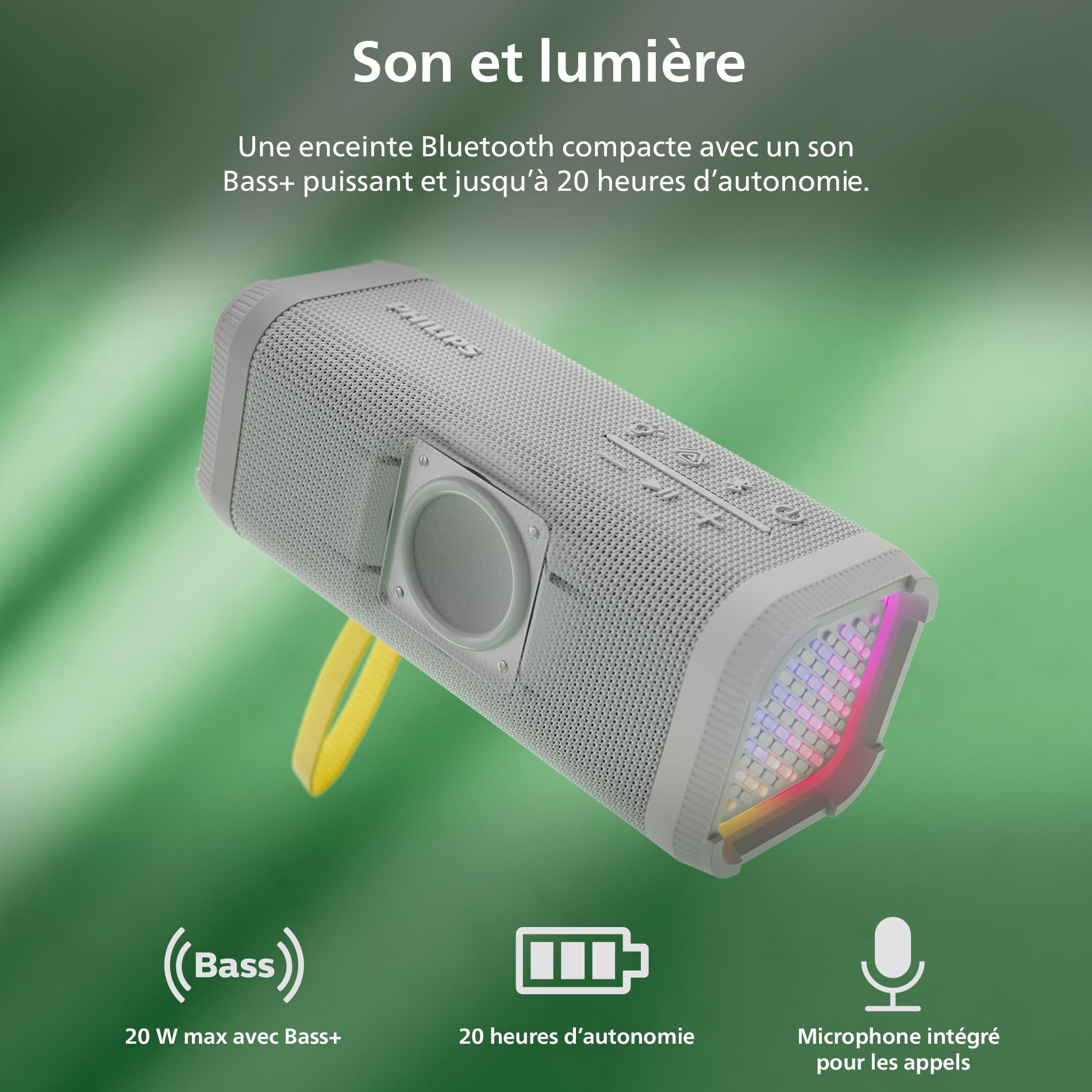 PHILIPS TAS2000W Enceinte sans Fil Bluetooth avec Jeu de lumières LED, Bass+ 20 W, Auracast, 20 Heures d’autonomie, Indice IPX5, Micro, contrôle à partir de l’Application – Blanche