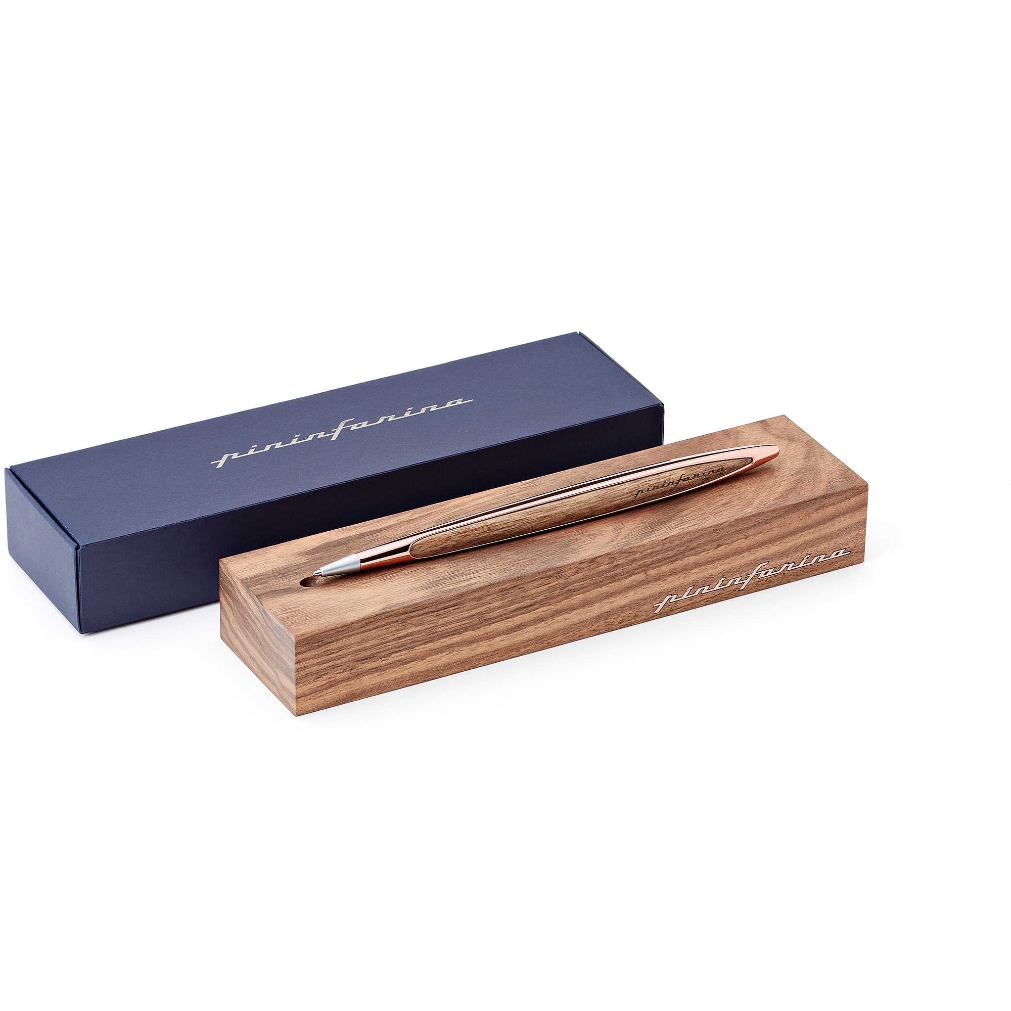 Pininfarina Penna Cambiano INK, Penna a sfera con elegante scocca in alluminio e inserti in noce massello, Penna regalo con scatola in noce massello con funzione display