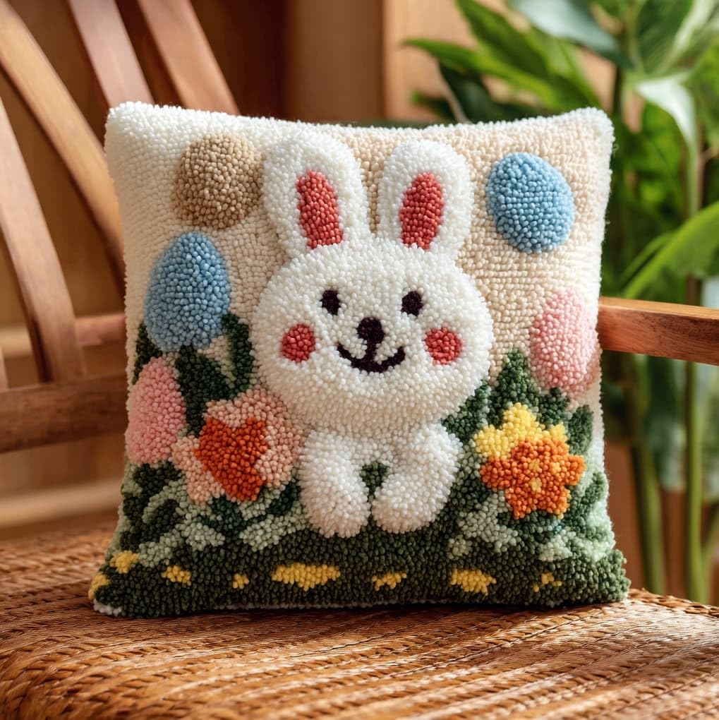 WallustrioaW DIY Latch Hook Kits 43x43cm,Rabbits and Easter Eggs