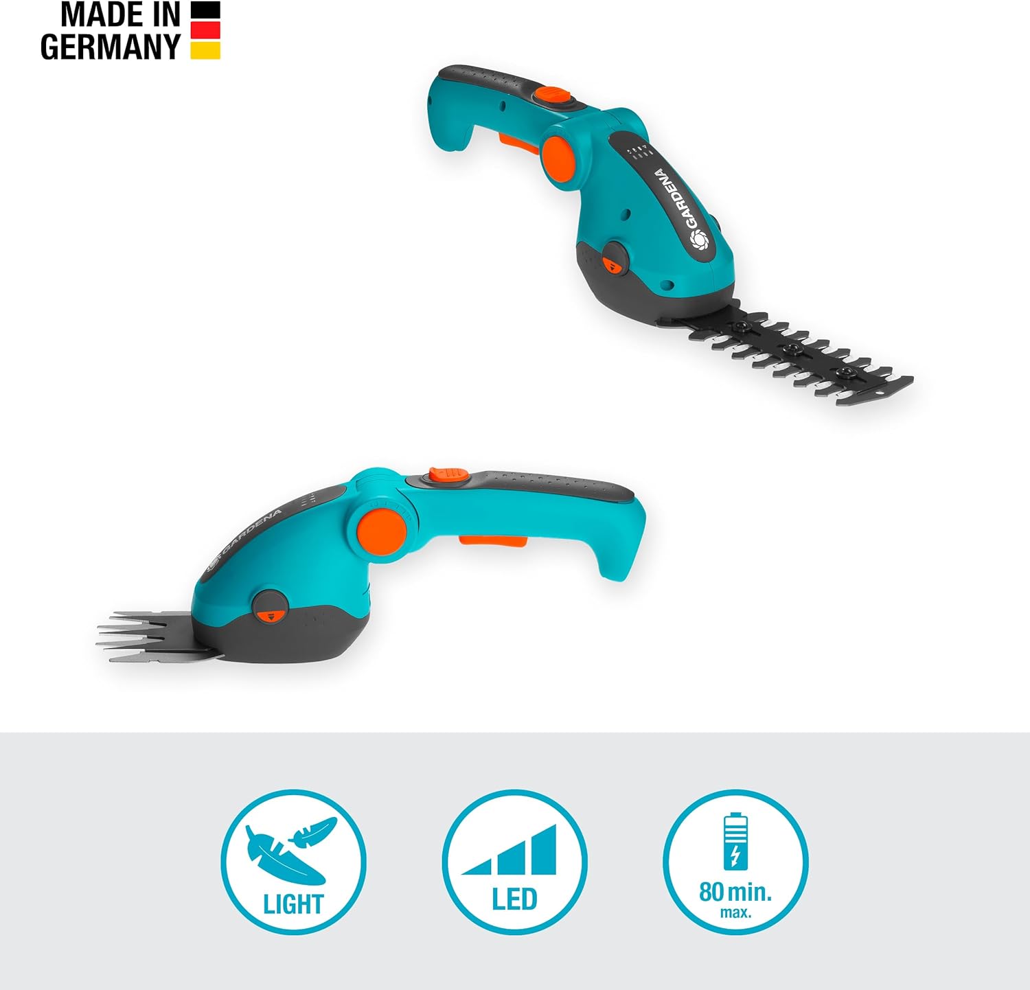 Gardena Set Forbici a Batteria per Erba e siepi ComfortCut Li: Forbici per Prato e per siepi, Impugnatura Comoda inclinabile con indicatore a LED, Cambio Lama Senza Utensili (9888-20)