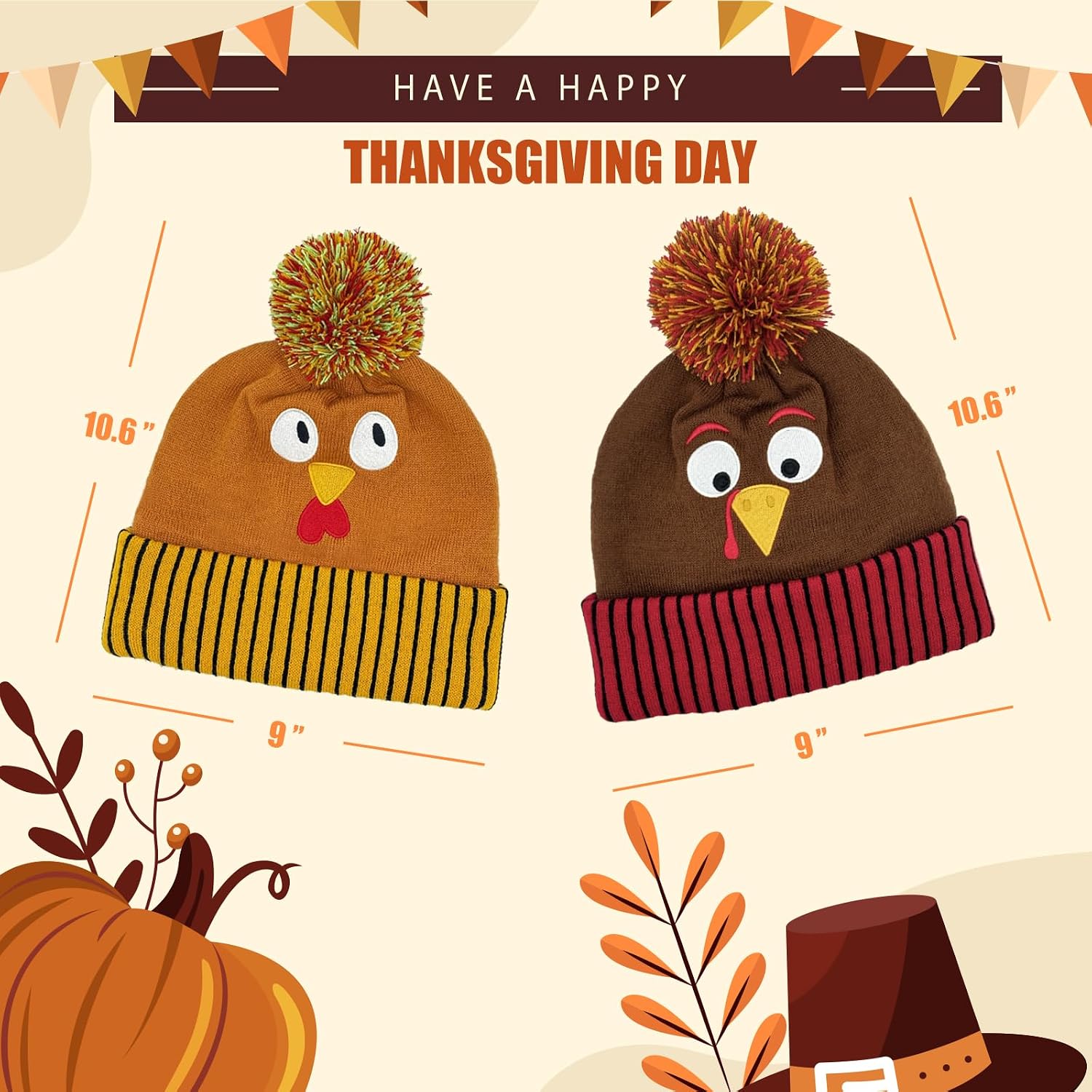 2 PCS Thanksgiving Day Turkey Pom Pom Beanie Hats, Turkey Trots Gear Party Dress Up Costume, Carnival Cosplay, Thanksgiving Party Favor Gift Supplies & Accessories